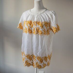 LOFT Linen White Yellow Embroidered Floral Short Sleeve Cottage Boho Women's Top